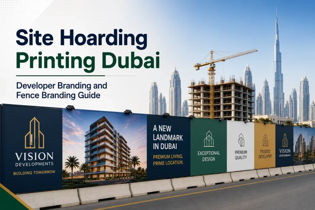 Fence Branding Dubai featuring custom printed construction fences, site branding, developer advertising,