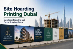 Fence Branding Dubai featuring custom printed construction fences, site branding, developer advertising,