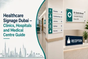 Healthcare Signage Dubai featuring hospital wayfinding signs, doctor name plates, reception signage, and clinic directional signs for medical centres.