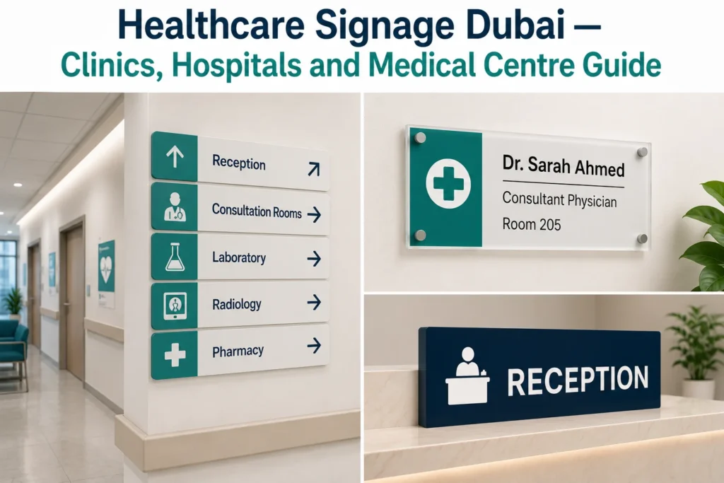 Healthcare Signage Dubai featuring hospital wayfinding signs, doctor name plates, reception signage, and clinic directional signs for medical centres.