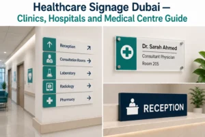 Healthcare Signage Dubai featuring hospital wayfinding signs, doctor name plates, reception signage, and clinic directional signs for medical centres.