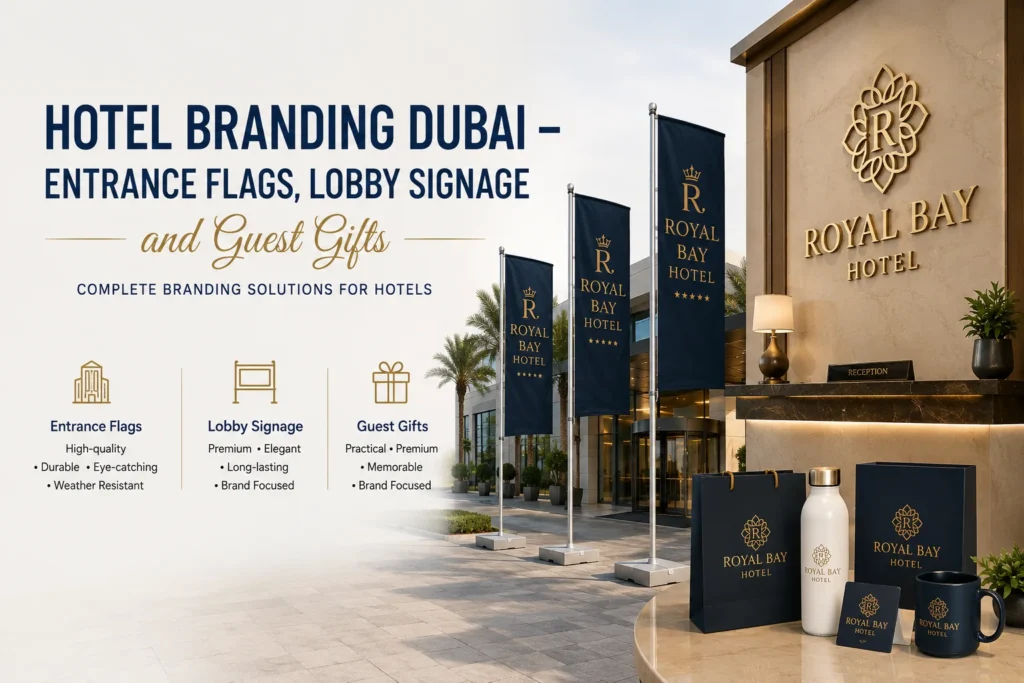 Hotel branding Dubai with entrance flags, lobby signage, and custom branded guest gifts for luxury hotels.