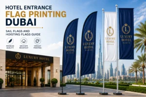 Hotel entrance flag printing Dubai with custom sail flags and hoisting flags for luxury hotels and resorts.