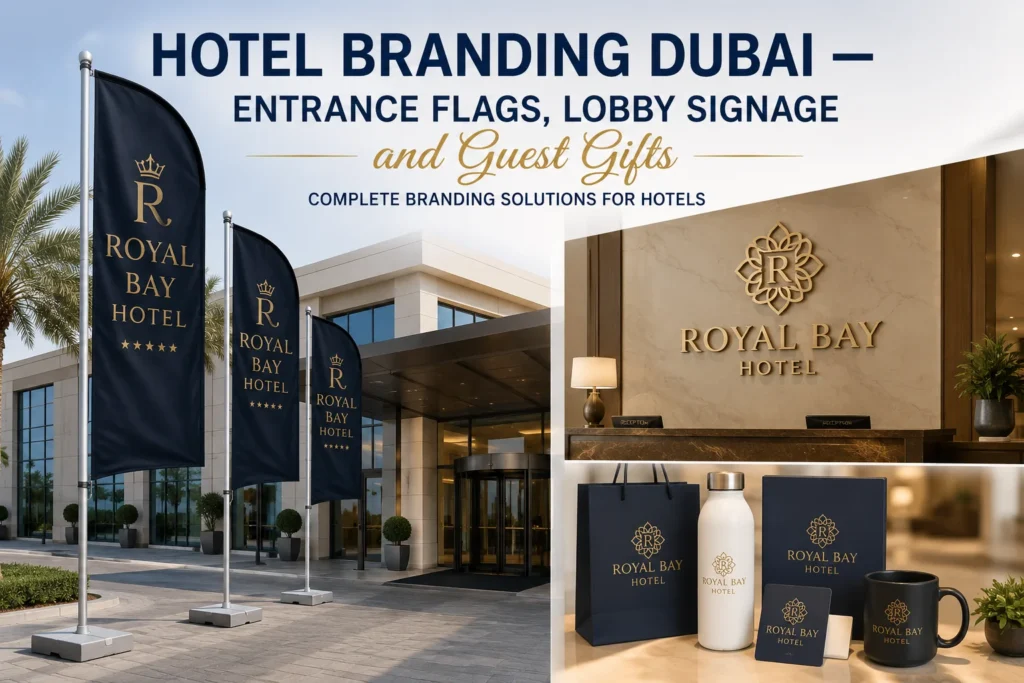 Hotel branding Dubai with entrance flags, lobby signage, and custom branded guest gifts for luxury hotels.