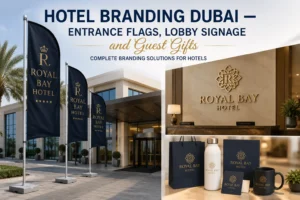 Hotel branding Dubai with entrance flags, lobby signage, and custom branded guest gifts for luxury hotels.