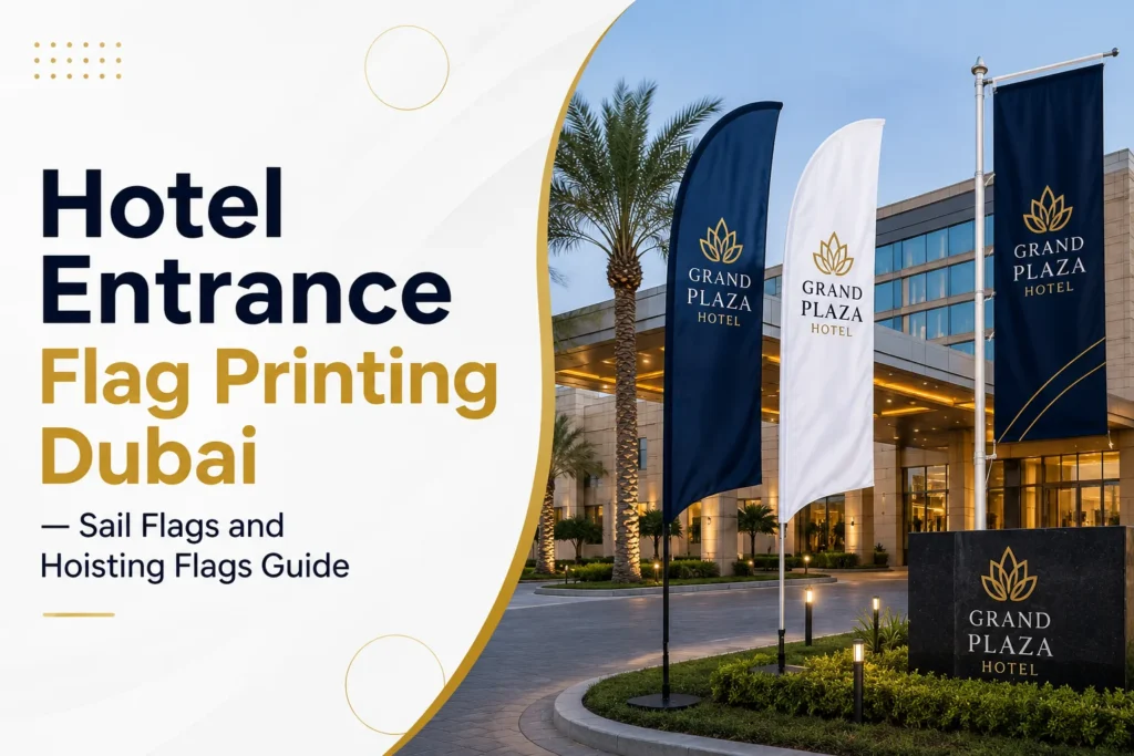 Hotel entrance flag printing Dubai with custom sail flags and hoisting flags for luxury hotels and resorts.