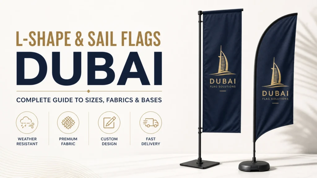 L-shape and sail flags Dubai — outdoor building entrance flags by Zahrat Al Madina Printing Umm Ramool Dubai