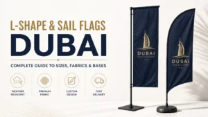 L-shape and sail flags Dubai — outdoor building entrance flags by Zahrat Al Madina Printing Umm Ramool Dubai