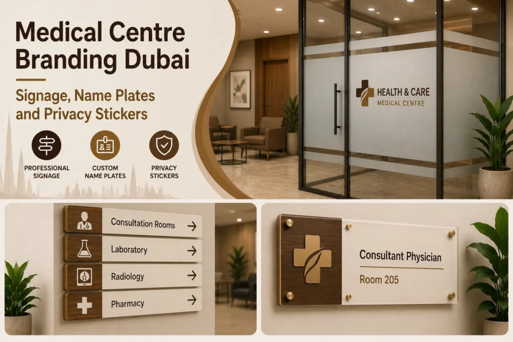 Medical Centre Branding Dubai — healthcare signage, doctor name plates, wayfinding signs, and privacy glass stickers designed and installed by Zahrat Al Madina Printing Umm Ramool.