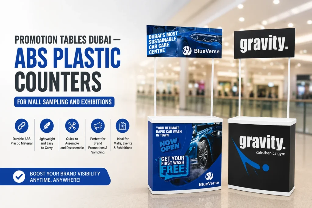 Pop up table counter Dubai for mall sampling, exhibitions, trade shows, corporate promotions, and brand activation events