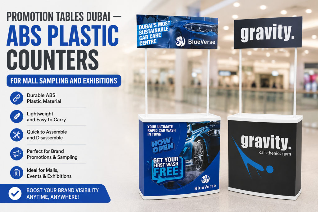 Pop up table counter Dubai for mall sampling, exhibitions, trade shows, corporate promotions, and brand activation events