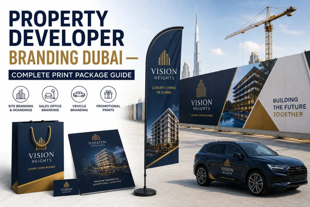 Property developer branding printing services in Dubai featuring site hoarding printing, sales office branding, vehicle branding, flags, brochures