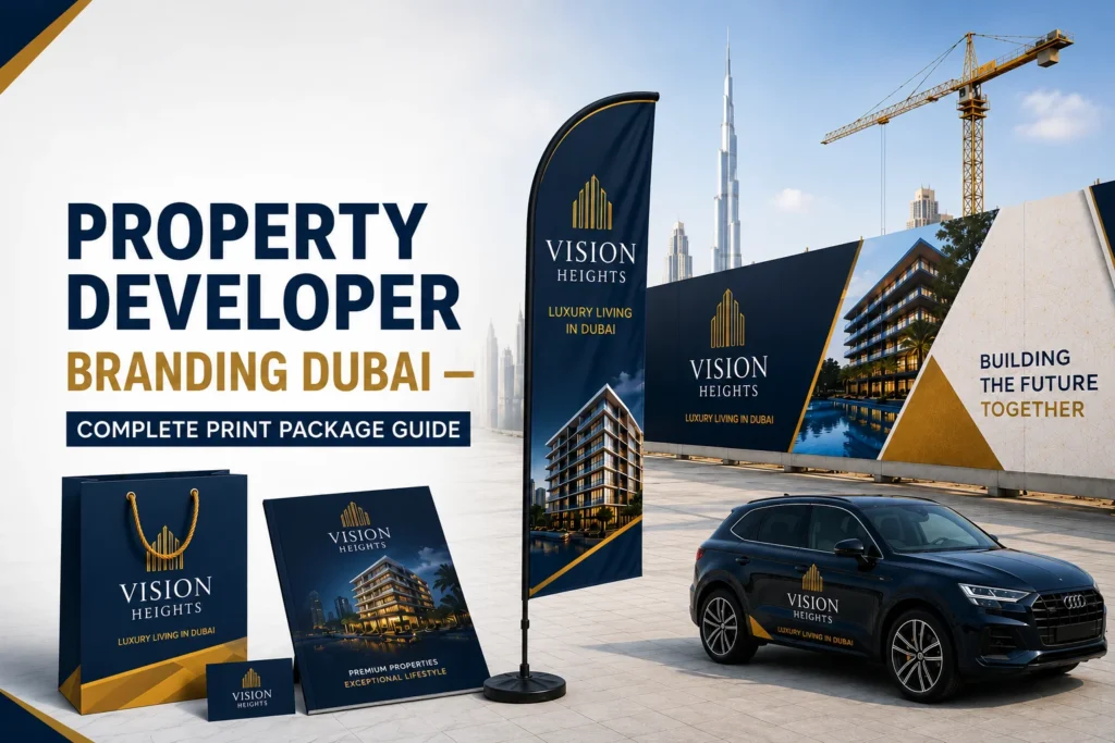 Property developer branding printing services in Dubai featuring site hoarding printing, sales office branding, vehicle branding, flags, brochures