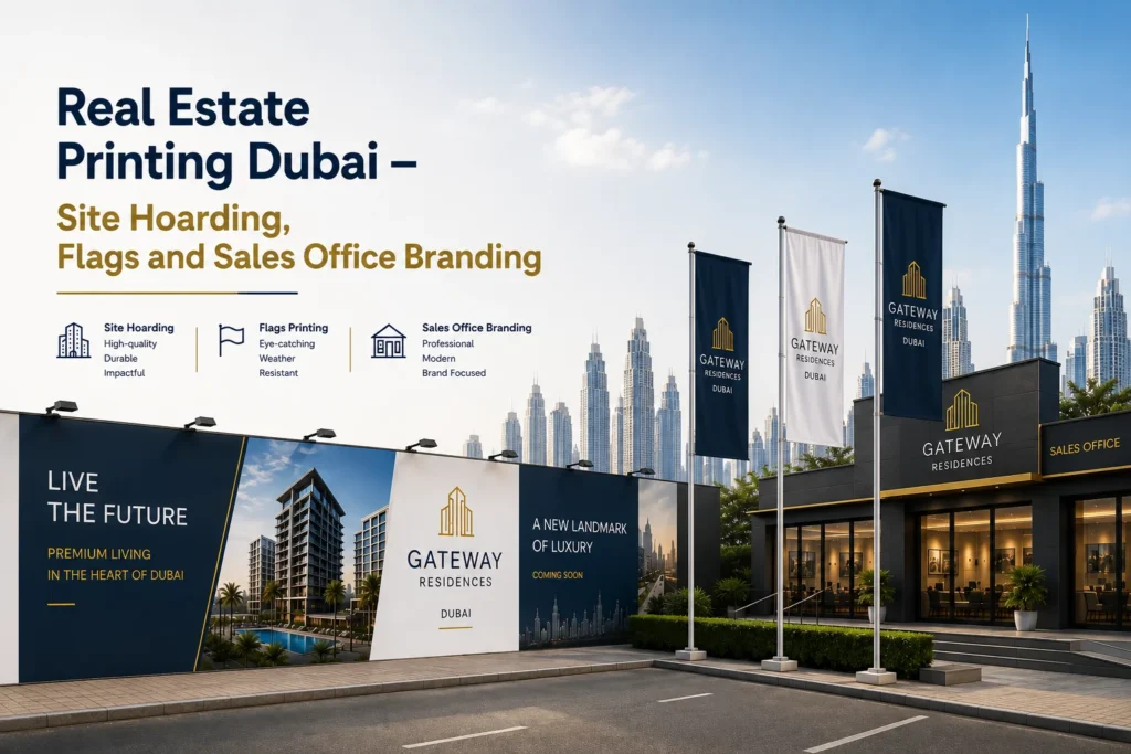 Real estate printing Dubai featuring site hoarding, flags, and sales office branding for property launches, construction projects, developer marketing, and real estate promotions.