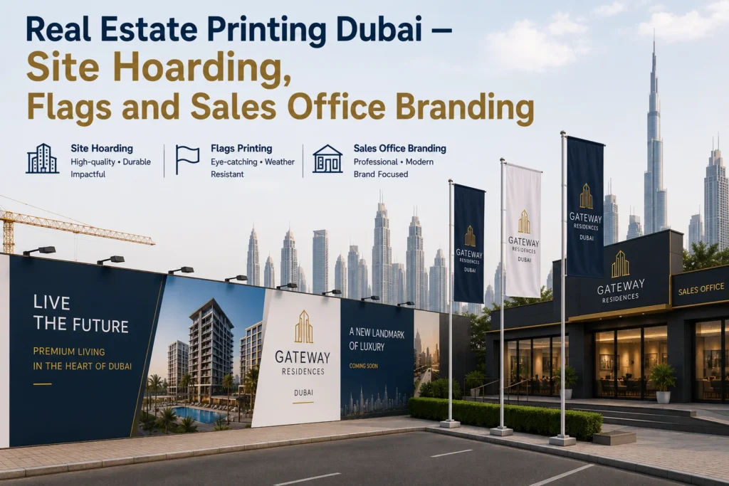 Real estate printing Dubai featuring site hoarding, flags, and sales office branding for property launches, construction projects, developer marketing, and real estate promotions.