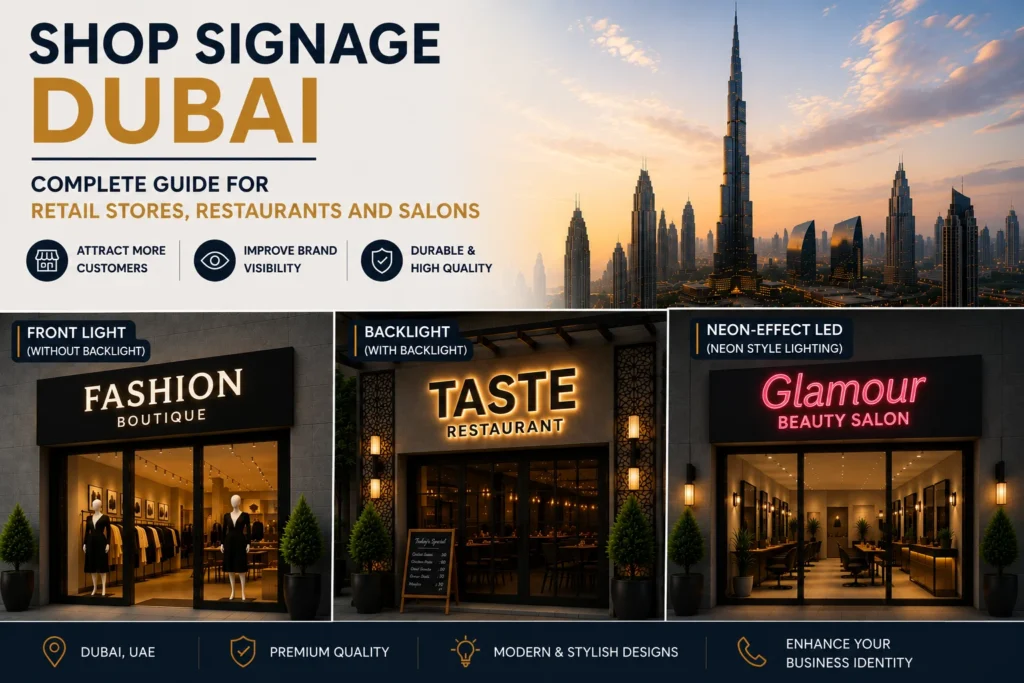 Shop signage Dubai — exterior 3D sign and window stickers on retail storefront by Zahrat Al Madina Printing Umm Ramool Dubai