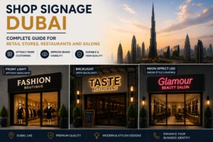 Shop signage Dubai — exterior 3D sign and window stickers on retail storefront by Zahrat Al Madina Printing Umm Ramool Dubai