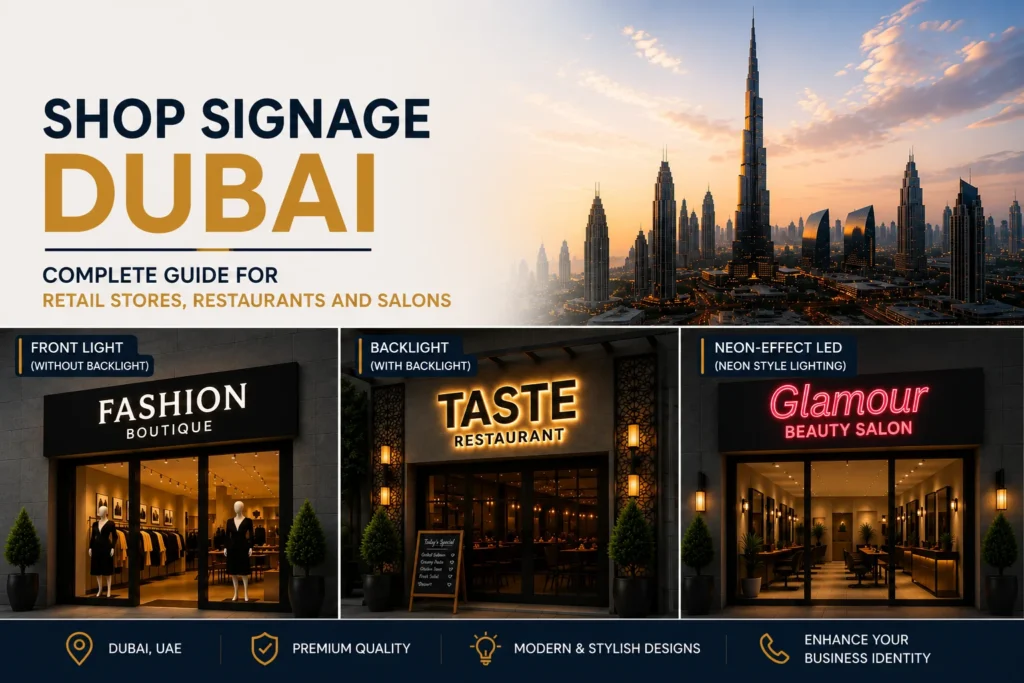 Shop signage Dubai — exterior 3D sign and window stickers on retail storefront by Zahrat Al Madina Printing Umm Ramool Dubai