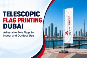 Telescopic Flag Printing Dubai with an adjustable outdoor flag pole overlooking the Dubai skyline for indoor and outdoor branding.