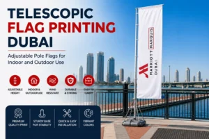 Telescopic Flag Printing Dubai with an adjustable outdoor flag pole overlooking the Dubai skyline for indoor and outdoor branding.